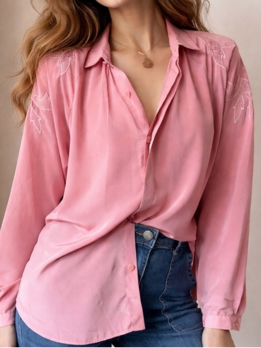Vintage Shirtstrings Pink Embroidered Button Down Silky Secretary Blouse Sz Med